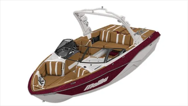 Slide: The Image of 2024 Malibu 22 LSV boat with red and white exterior, luxurious tan seating. - 21