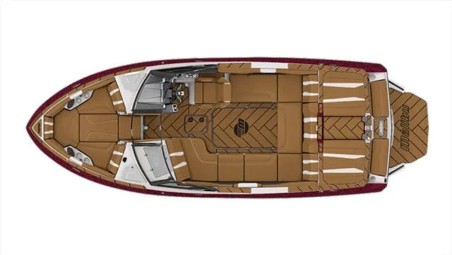 Slide: The Image of 2024 Malibu 22 LSV boat interior, top view, featuring tan seating and sleek design. - 23