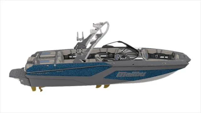 Slide: The Image of 2024 Malibu 23 MXZ boat, sleek design, blue and gray color scheme, side view. - 16