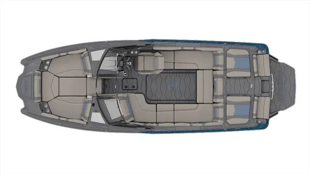 Slide: The Image of 2024 Malibu 23 MXZ boat interior layout, top view, showcasing seating and design features. - 19