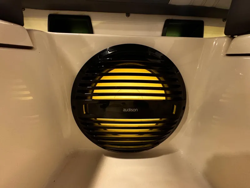 Slide: The Image of Audison speaker in 2025 Sea Pro 292 DLX boat, featuring sleek black grille design. - 28