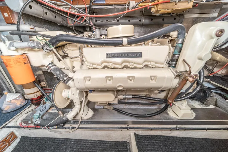 Slide: The Image of Engine room of 1987 Fleming 50 Raised Pilothouse with Caterpillar engine. - 34