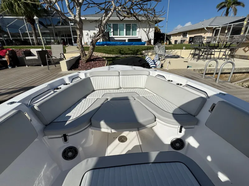 Slide: The Image of 2023 Sea Fox 268 Commander boat interior with cushioned seating and modern design. - 31