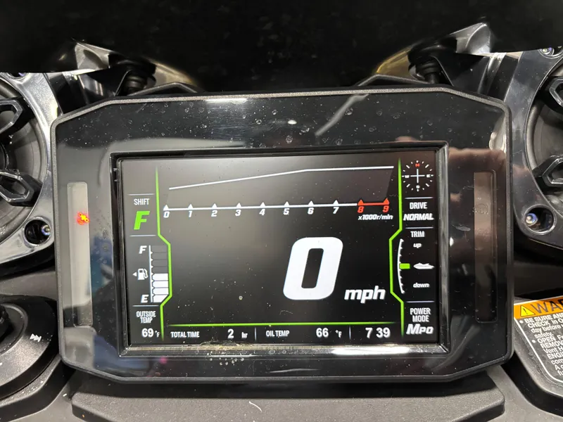 Slide: The Image of Dashboard of 2023 Kawasaki ULTRA 160LX showing speedometer and various indicators. - 5