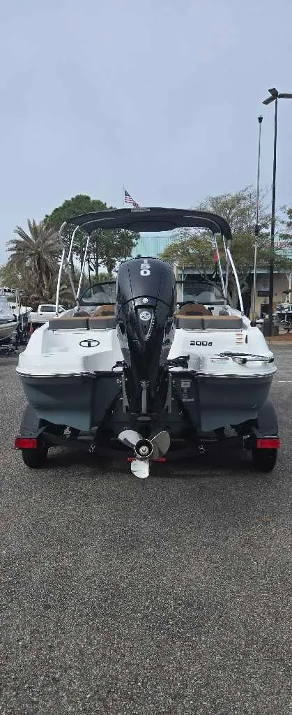 Slide: The Image of 2025 Tahoe 200 S boat, rear view, parked outdoors. - 3