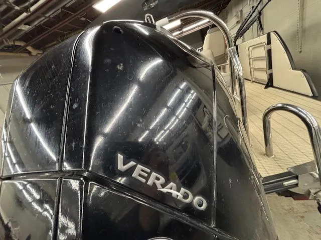 Slide: The Image of 2019 Harris Grand Mariner 250 with Verado engine, close-up view in storage. - 41
