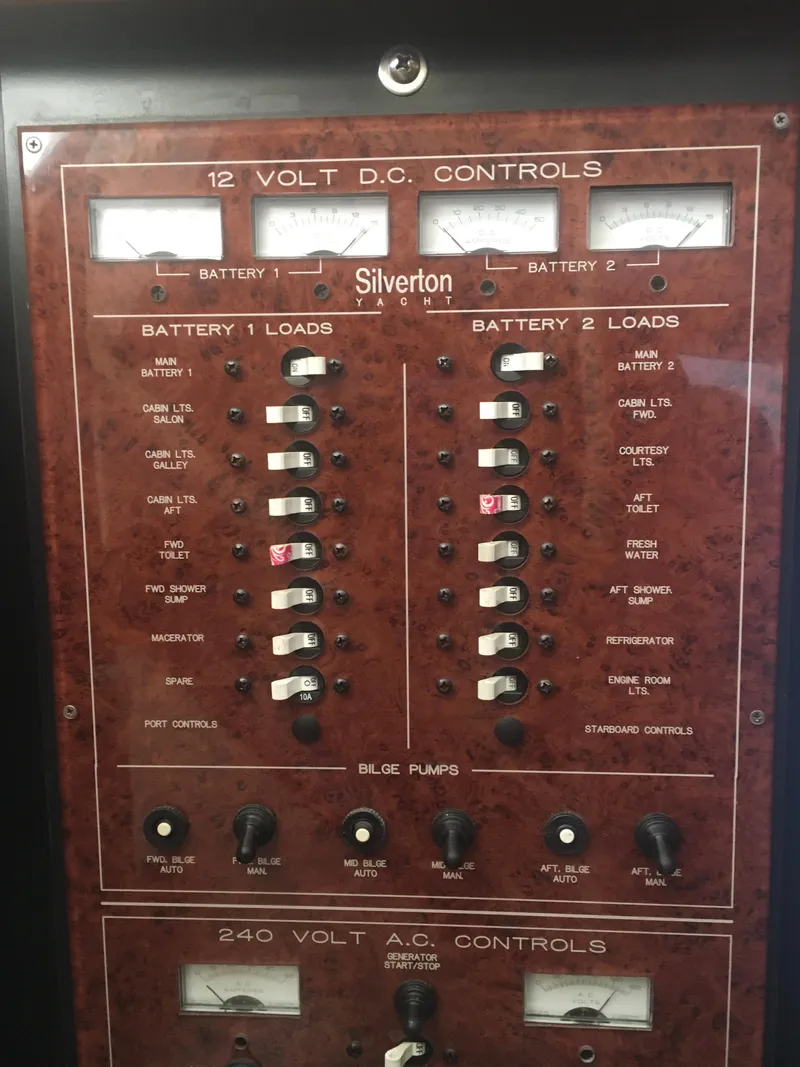 Slide: The Image of Control panel of a 1996 Silverton 372 Motor Yacht, featuring battery and voltage controls. - 48