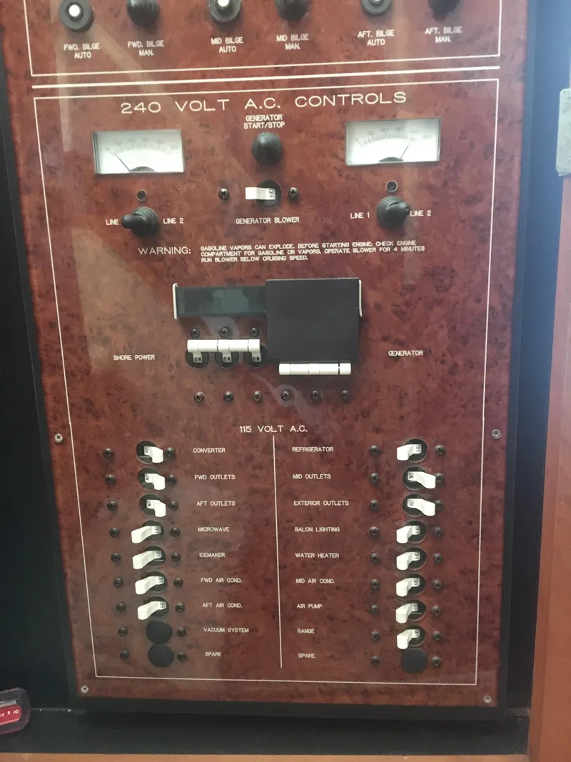 Slide: The Image of Control panel of a 1996 Silverton 372 Motor Yacht with 240-volt AC controls. - 49