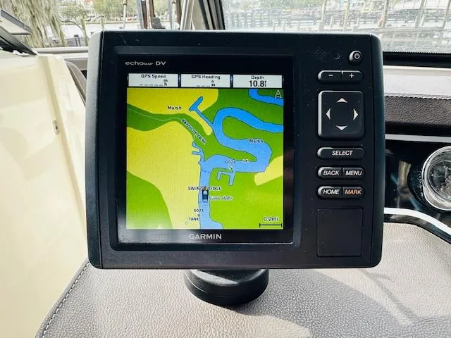 Slide: The Image of Garmin GPS display on 2016 Sea Ray 250 SLX boat, showing waterway navigation map. - 26