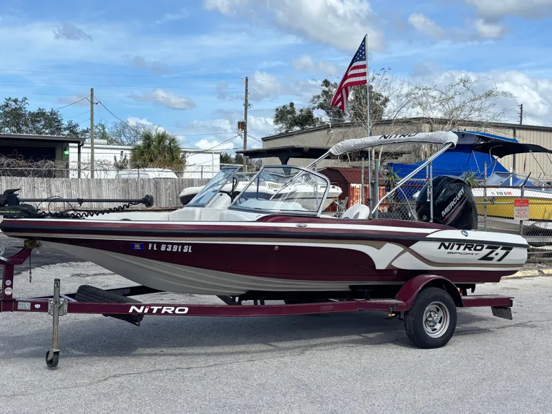 Slide: The Image of 2015 Nitro Z-7 Sport boat on trailer with American flag in background. - 3