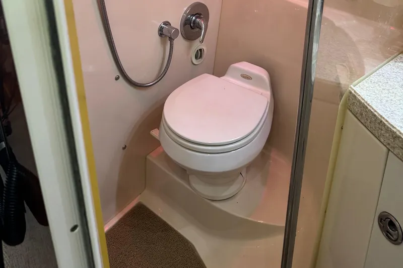 Slide: The Image of 2005 Regal 3560 Commodore bathroom with toilet and shower fixtures. - 42