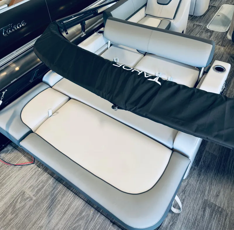 Slide: The Image of 2025 Tahoe Pontoon LTZ Versatile Rear Bench with sleek seating and modern design. - 10
