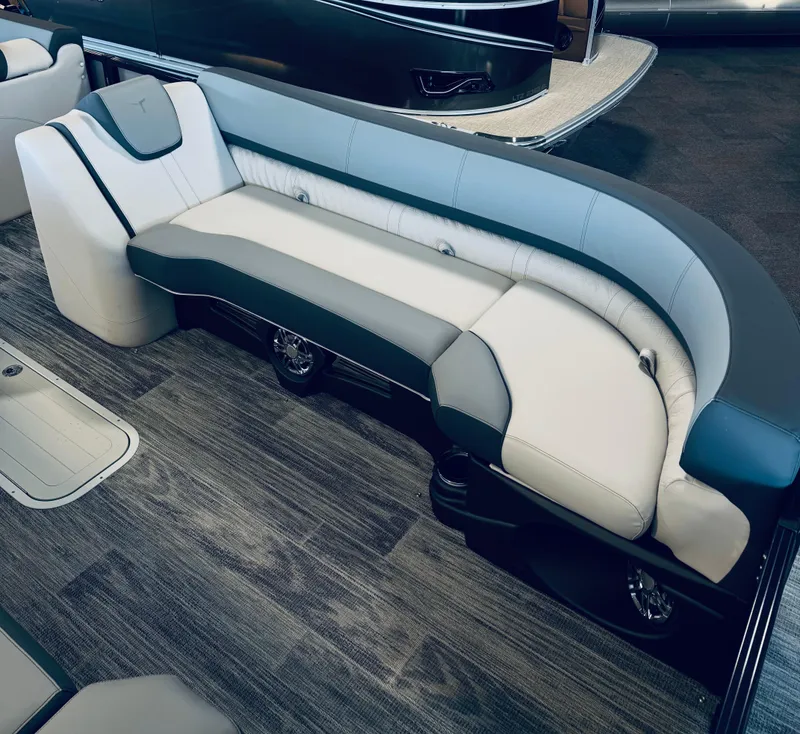 Slide: The Image of 2025 Tahoe Pontoon LTZ Versatile Rear Bench with sleek, modern seating design. - 2
