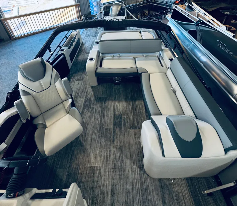 Slide: The Image of 2025 Tahoe Pontoon LTZ Versatile Rear Bench with luxurious seating and modern design. - 5
