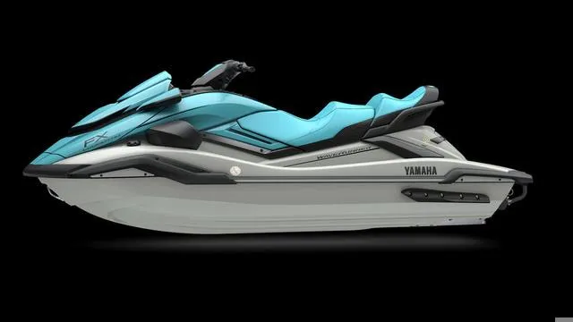 Slide: The Image of 2025 Yamaha Waverunner FX Cruiser HO in sleek turquoise and gray design. - 5