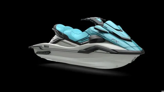 Slide: The Image of 2025 Yamaha Waverunners FX Cruiser HO in sleek turquoise and white design. - 8