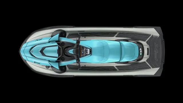 Slide: The Image of 2025 Yamaha Waverunner FX Cruiser HO, top view, sleek design, turquoise and gray color scheme. - 9