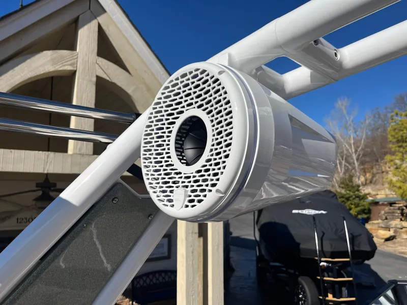 Slide: The Image of Centurion Fe25 2025 boat speaker mounted on a white frame, outdoor setting. - 14