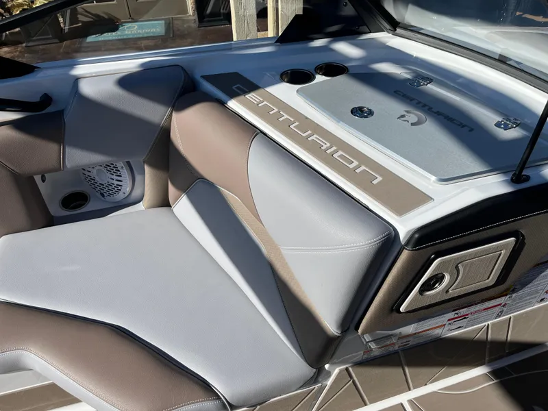 Slide: The Image of 2025 Centurion Fe25 boat interior with sleek seating and modern design elements. - 23