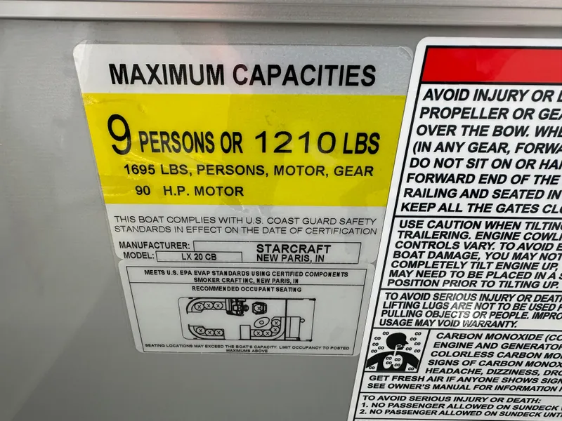 Slide: The Image of 2024 Starcraft LX 20 CB capacity label: 9 persons or 1210 lbs, 90 HP motor. - 19
