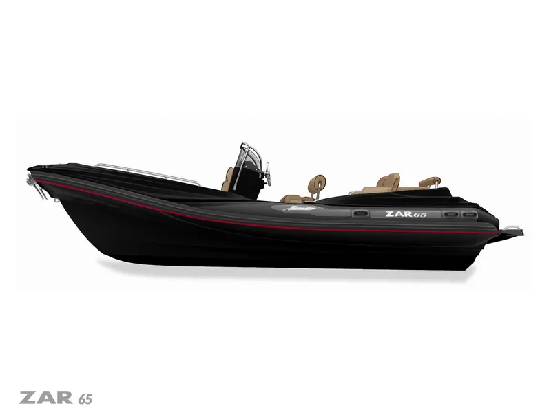 Slide: The Image of 2025 Zar Formenti 65 Suite boat, sleek black design with red accents, side view. - 10