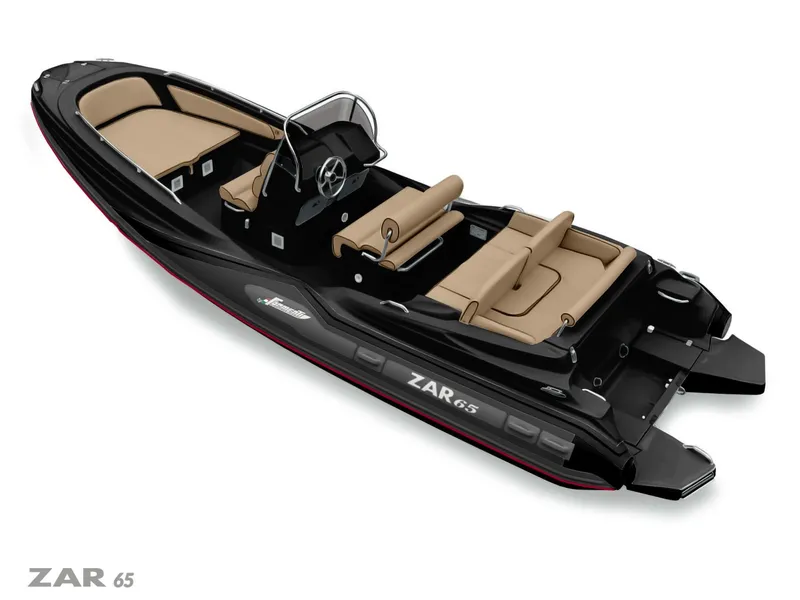 Slide: The Image of 2025 Zar Formenti 65 Suite boat with sleek black design and tan seating. - 11
