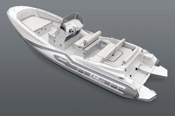 Slide: The Image of 2025 Zar Formenti 65 Suite boat, sleek design, white and gray color scheme, modern seating arrangement. - 14