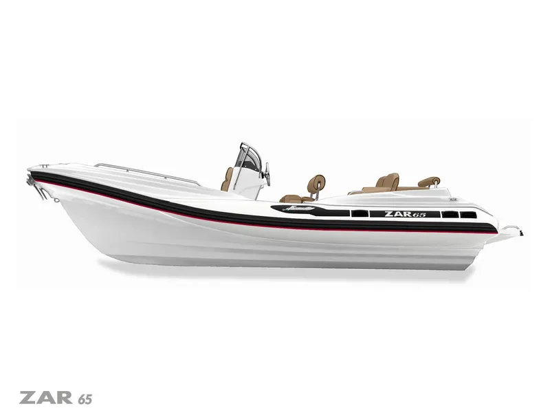 Slide: The Image of 2025 Zar Formenti 65 Suite boat, sleek white design with black and red accents. - 6
