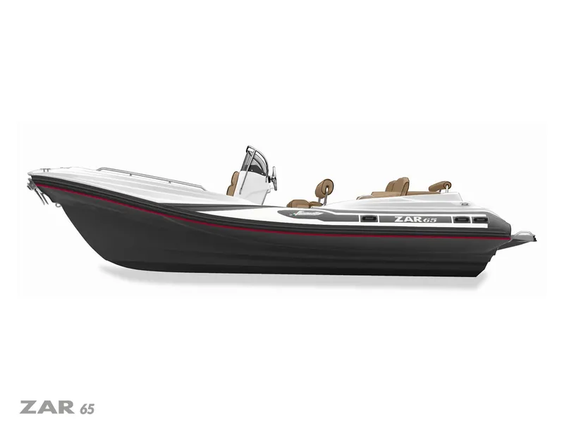 Slide: The Image of 2025 Zar Formenti 65 Suite boat, sleek design, black hull, white deck, luxury seating. - 7