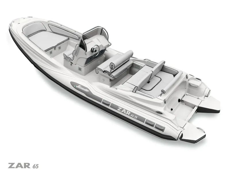 Slide: The Image of 2025 Zar Formenti 65 Suite boat, sleek design, spacious seating, modern features, white and gray color scheme. - 9