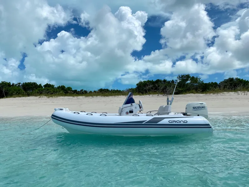 The Image of 2025 Grand Inflatables G420 boat anchored near a sandy beach under a cloudy sky. - 0