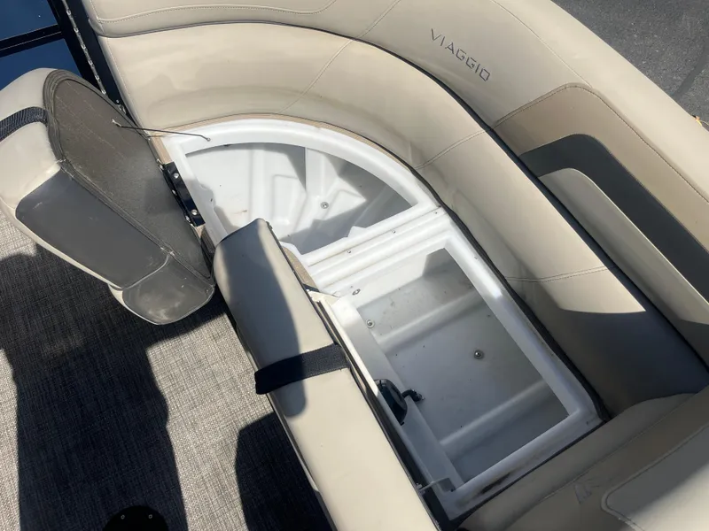 Slide: The Image of Viaggio Lago S 2022 boat seat with open storage compartment, beige upholstery. - 20