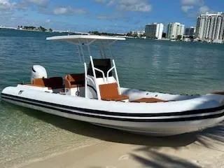 The Image of 2025 Tiger Marine 740 PL boat on sandy beach with clear blue water and city skyline. - 0