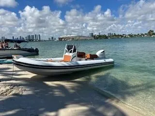 Slide: The Image of 2025 Tiger Marine 740 PL boat on a sunny beach with city skyline. - 33
