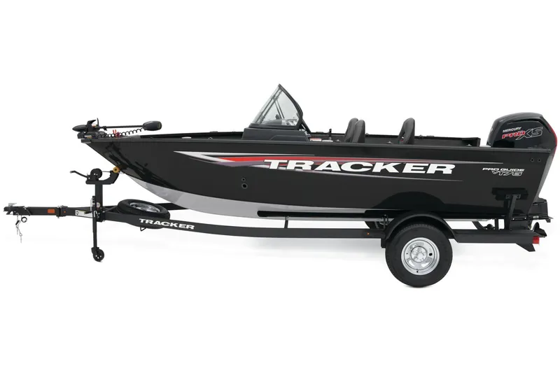 Slide: The Image of 2025 Tracker Pro Guide V-175 WT boat seat, gray upholstery, outdoor setting. - 7