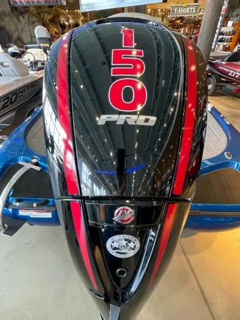 Slide: The Image of 2025 Nitro Z18 boat with 150 Pro engine, displayed indoors. - 3