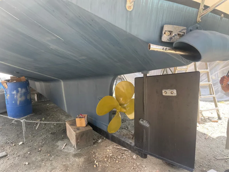 Slide: The Image of Kadey-Krogen Krogen 48AE 2018 yacht underbody with propeller and rudder in dry dock. - 32