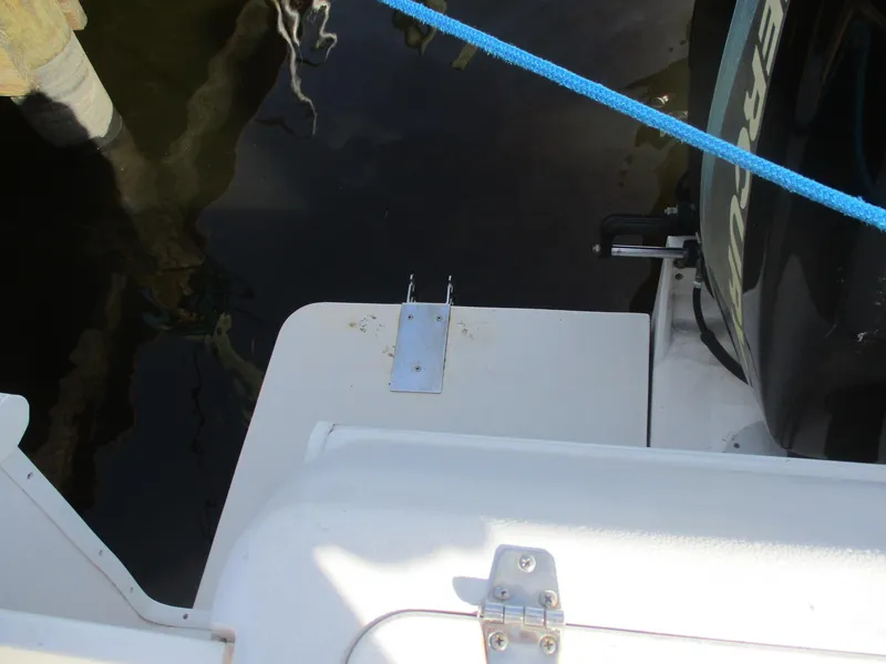 Slide: The Image of 1997 Pro-Line 251 WA boat stern with motor and blue rope. - 30