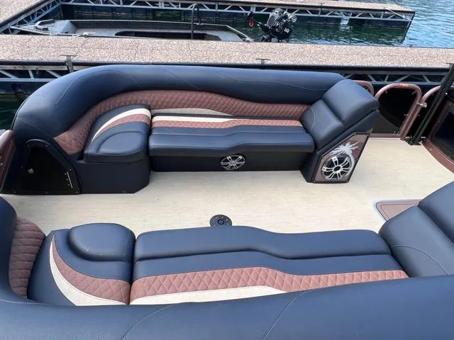 Slide: The Image of Luxurious seating on 2025 Aloha 30' Paradise Sundeck boat, featuring elegant upholstery design. - 43