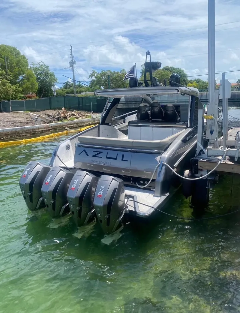 Slide: The Image of Azimut Verve 47 boat, 2021 model, docked with four powerful engines. - 9