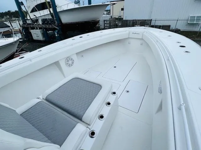 Slide: The Image of 2020 SeaHunter 39 Tournament boat helm with steering wheel and control panel. - 26