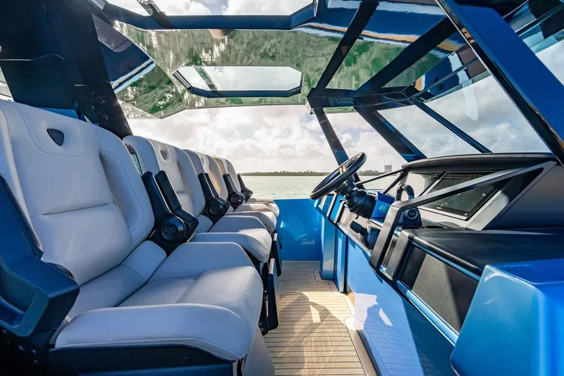 Slide: The Image of Interior of 2022 Wajer 55 S yacht with luxurious seating and modern dashboard. - 25