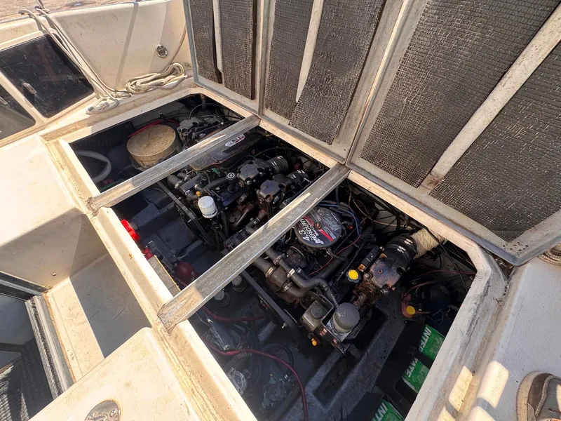 Slide: The Image of 1988 Sea Ray 265 Sedan Bridge engine compartment, showcasing dual engines and components. - 46