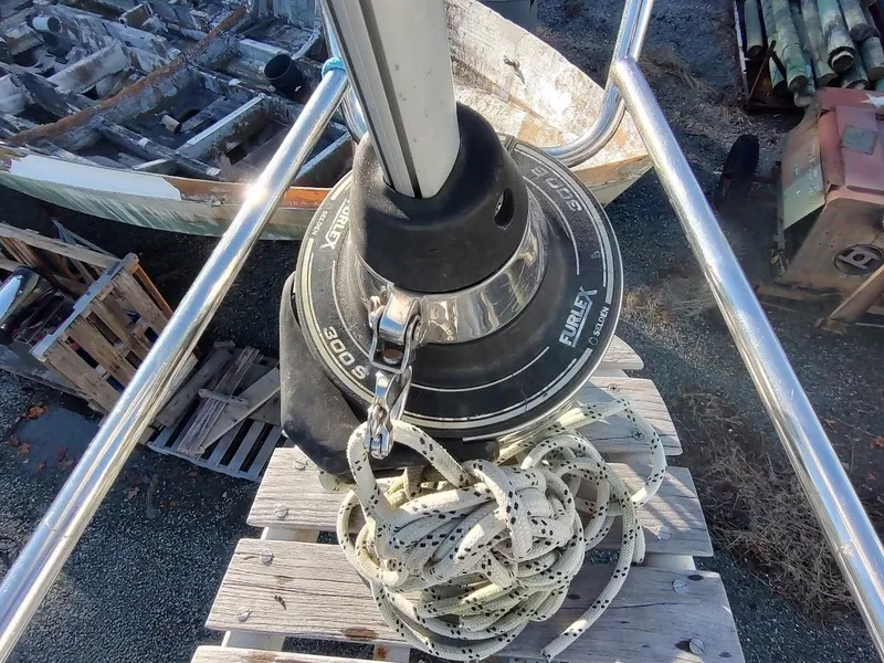 Slide: The Image of Furlex 300S sailboat furler on Hallberg-Rassy 41, 1977 model, with coiled rope on deck. - 21