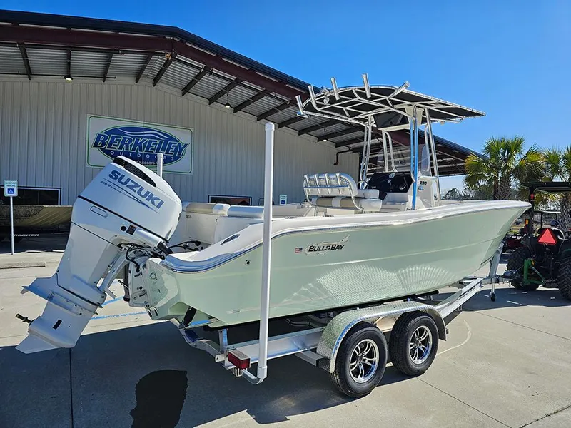 Slide: The Image of 2025 Bulls Bay 230 CC boat with Suzuki engine on trailer at Berkeley facility. - 3
