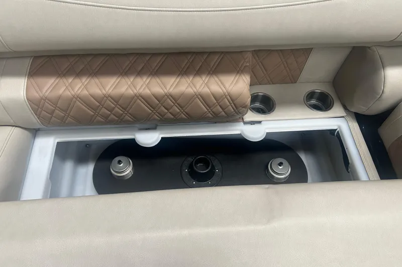 Slide: The Image of 2025 Premier 250 Intrigue RF boat seat storage with cup holders and quilted upholstery. - 47