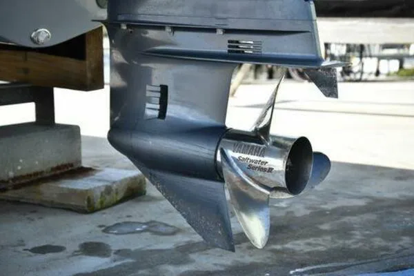 Slide: The Image of 2022 NauticStar 2302 Legacy boat propeller, close-up view. - 26
