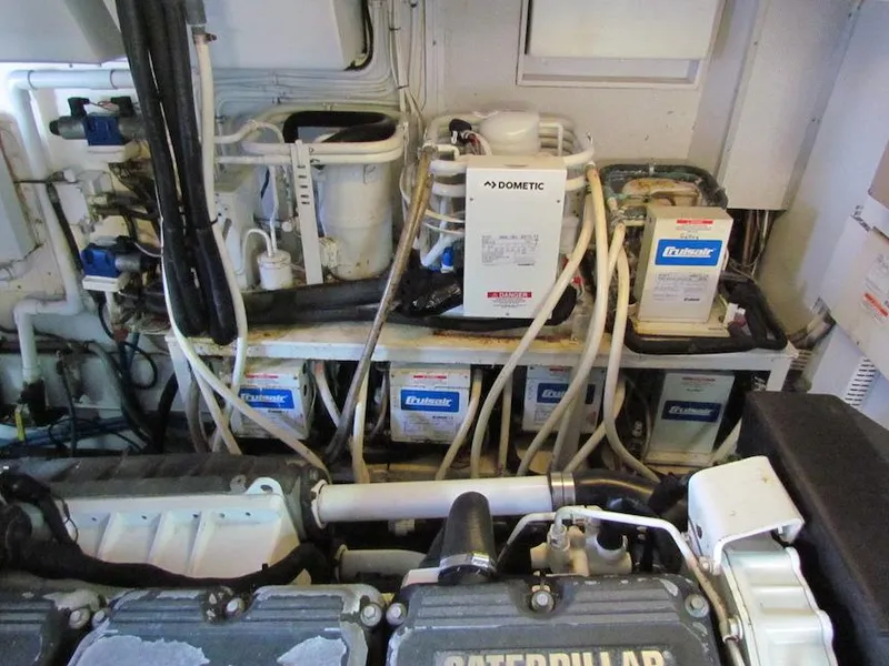 Slide: The Image of Engine room of 1972 Hargrave 67 Motor Yacht with Dometic equipment and Caterpillar engine. - 38