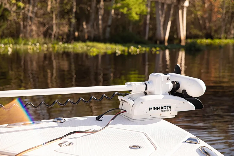 Slide: The Image of Minn Kota trolling motor on 2017 Everglades 253 Center Console boat, near a serene lake. - 9