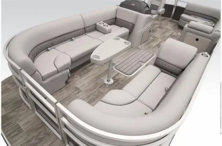 Slide: The Image of 2024 Ranger 223C pontoon boat interior with plush seating and modern design. - 12